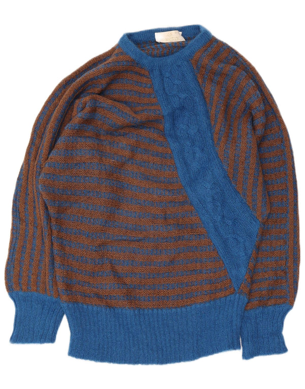 Винтажный женский джемпер с круглым вырезом, Великобритания, 16, большая синяя полоска из мохера