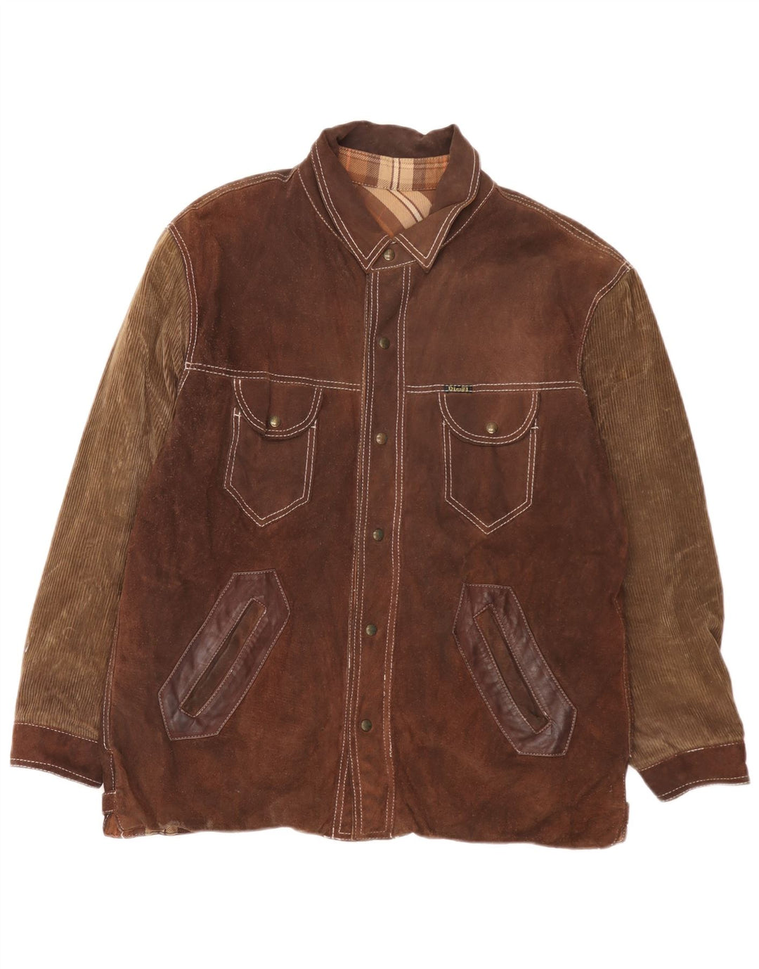 Мужская двусторонняя куртка Diesel UK 40, большая коричневая кожаная клетка в клетку