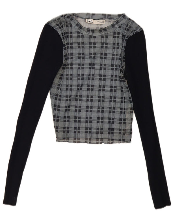 Женская укороченная блузка с длинными рукавами Zara UK 8, маленькая темно-синяя клетка