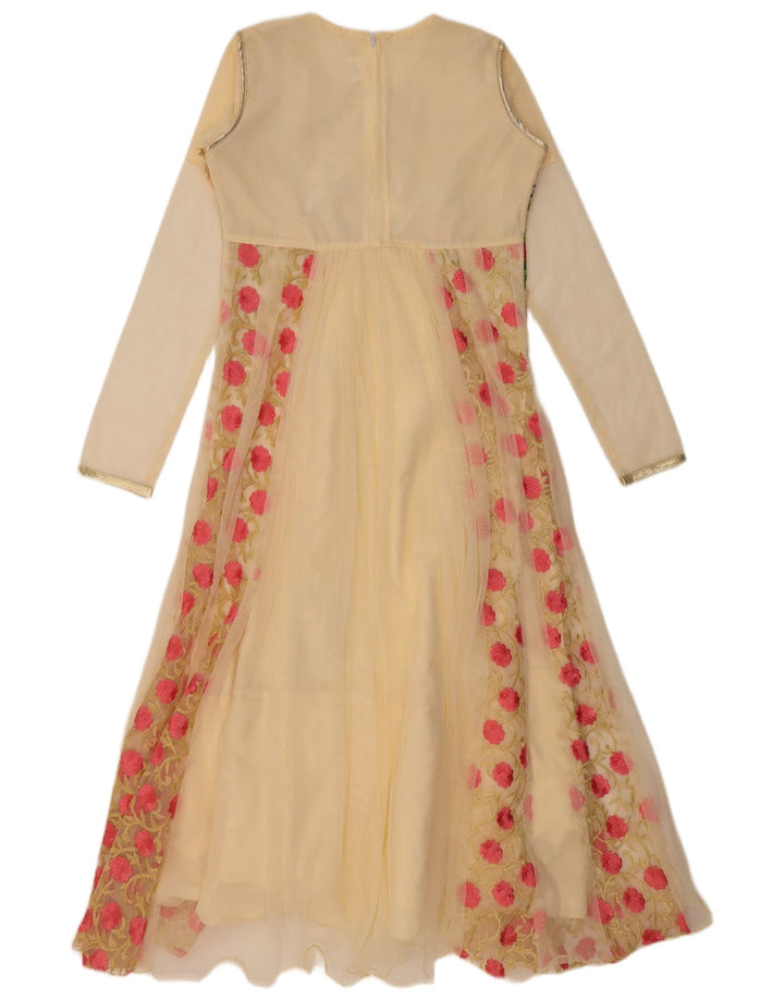 ВИНТАЖНОЕ женское платье А-силуэта с длинными рукавами, США 6, средний бежевый с цветочным принтом