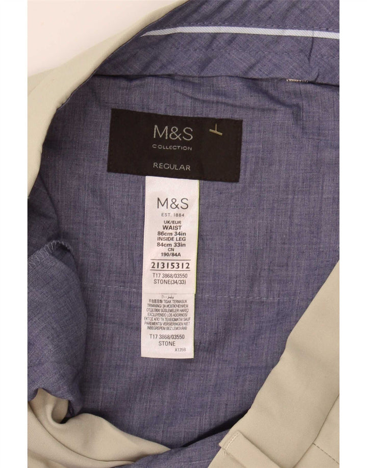 Мужские брюки стандартного костюма Marks & Spencer W34 L33 бежевого цвета из полиэстера