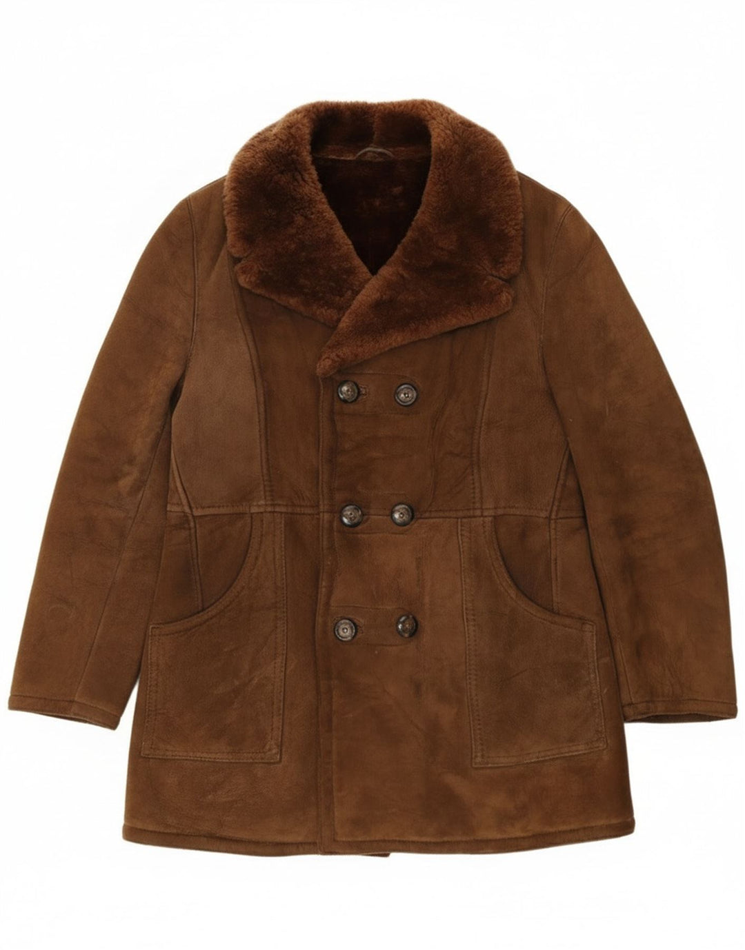 Винтажная мужская двубортная короткая дубленка IT 54 2XL Коричневая кожаная