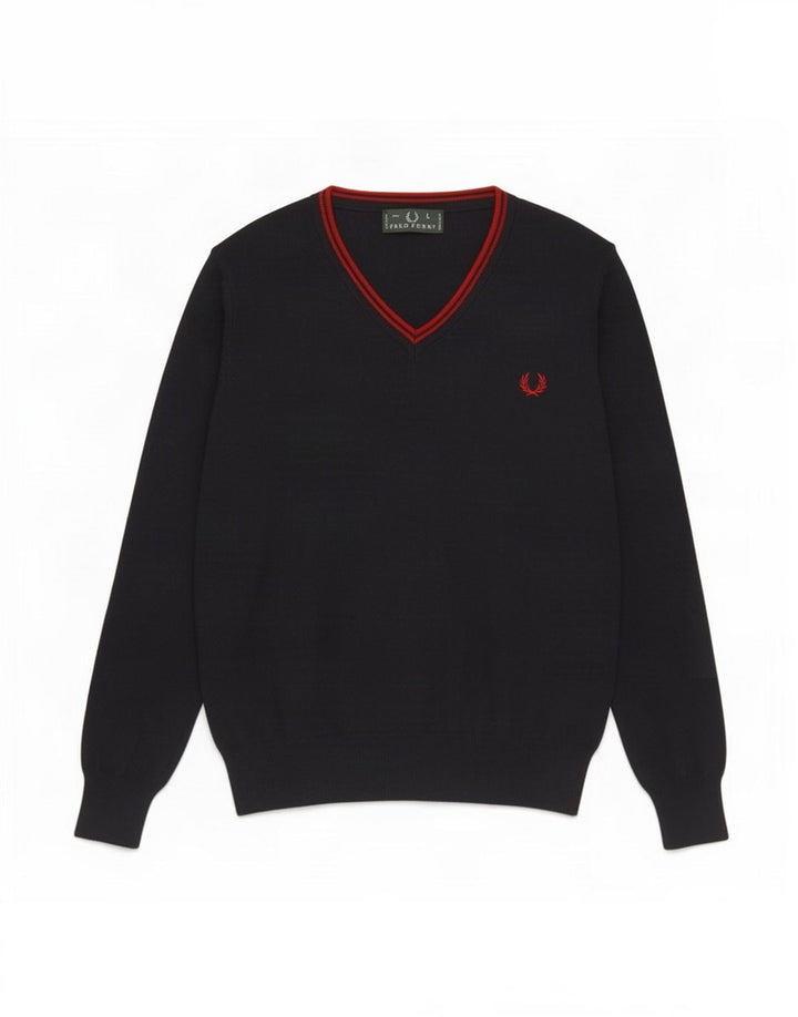 Мужской джемпер с v-образным вырезом Fred Perry, большой темно-синий шерстяной свитер