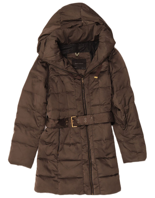 Zara Womens Hooded Padded Coat UK 16 Large Brown Polyester