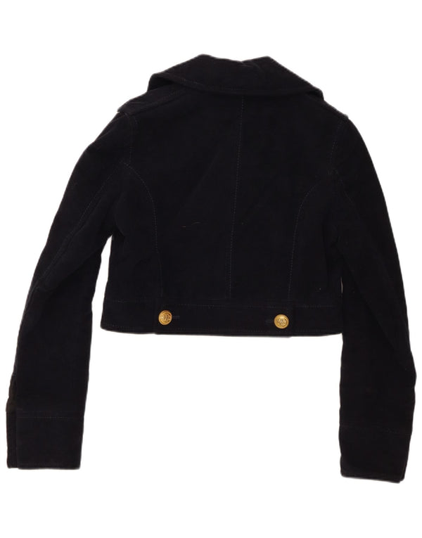 Zara Womens Crop Double Breasted Bomber Jacket UK 6 XS Navy Blue Cotton