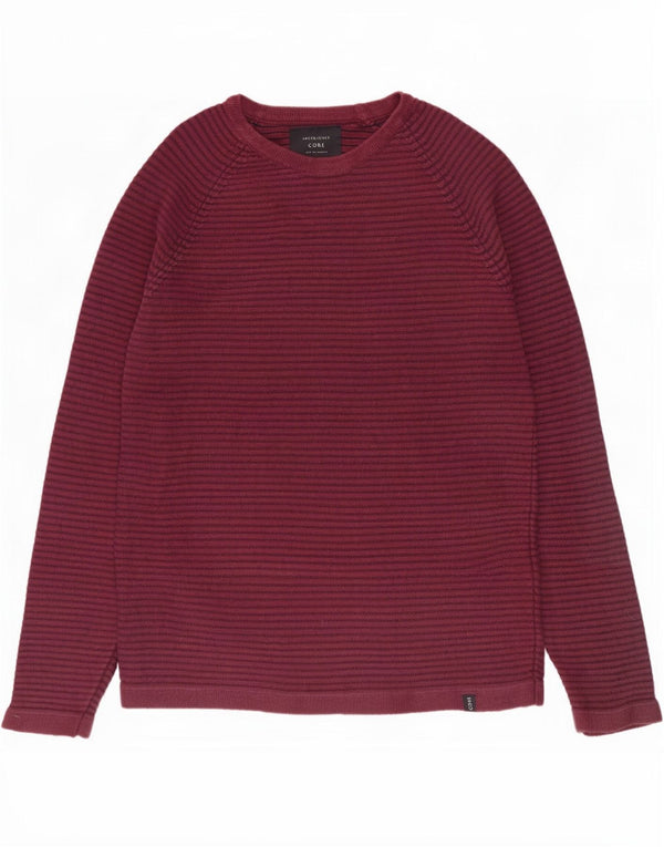 Мужской джемпер с вырезом «лодочка» Jack & Jones, средний бордовый хлопковый свитер в тонкую полоску