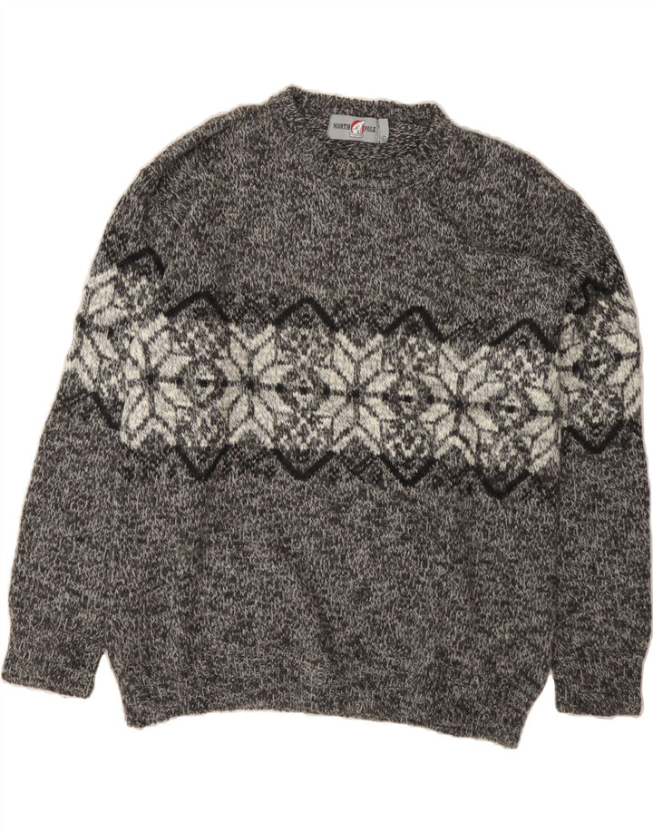 NORTH POLE Mens Crew Neck Jumper Sweater Large Grey Fair Isle Acrylic Vintage North Pole and Second-Hand North Pole from Messina Hembry 