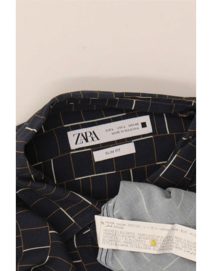Мужская рубашка узкого кроя Zara, большая темно-синяя клетка из вискозы