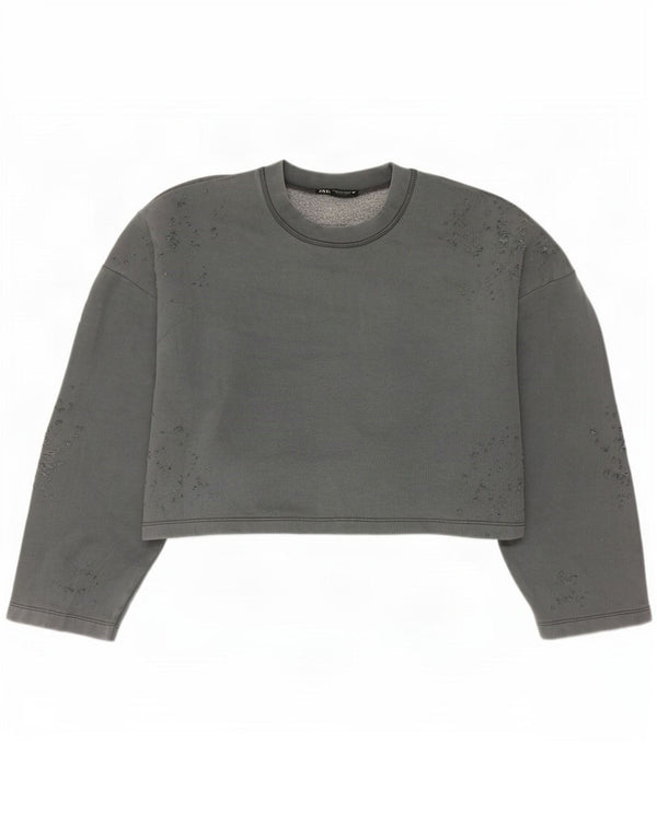 Женский укороченный свитшот оверсайз Zara UK 14, хлопковый средний серый цвет