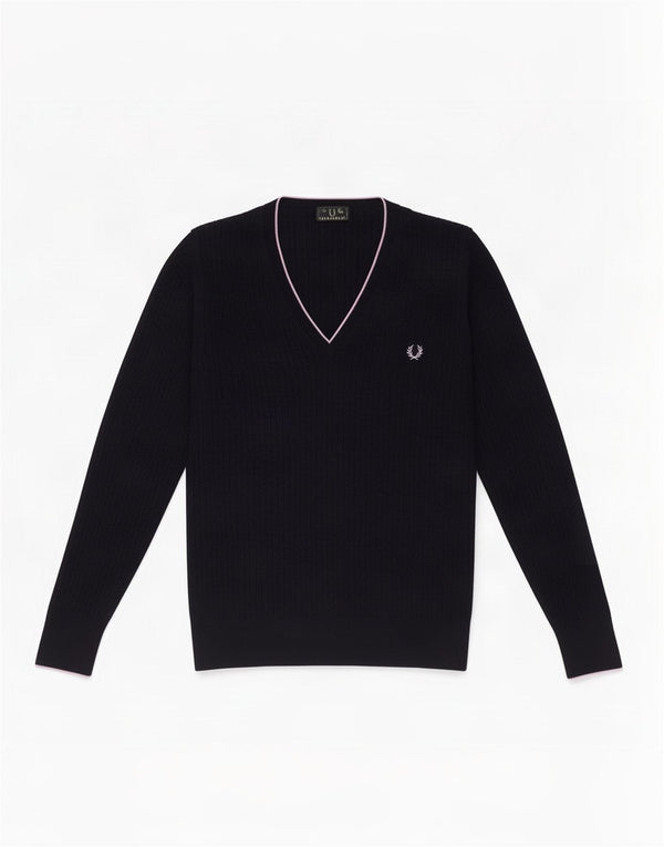 Fred Perry Womens V-Neck Jumper Sweater UK 18 XL Navy Blue Merino Wool