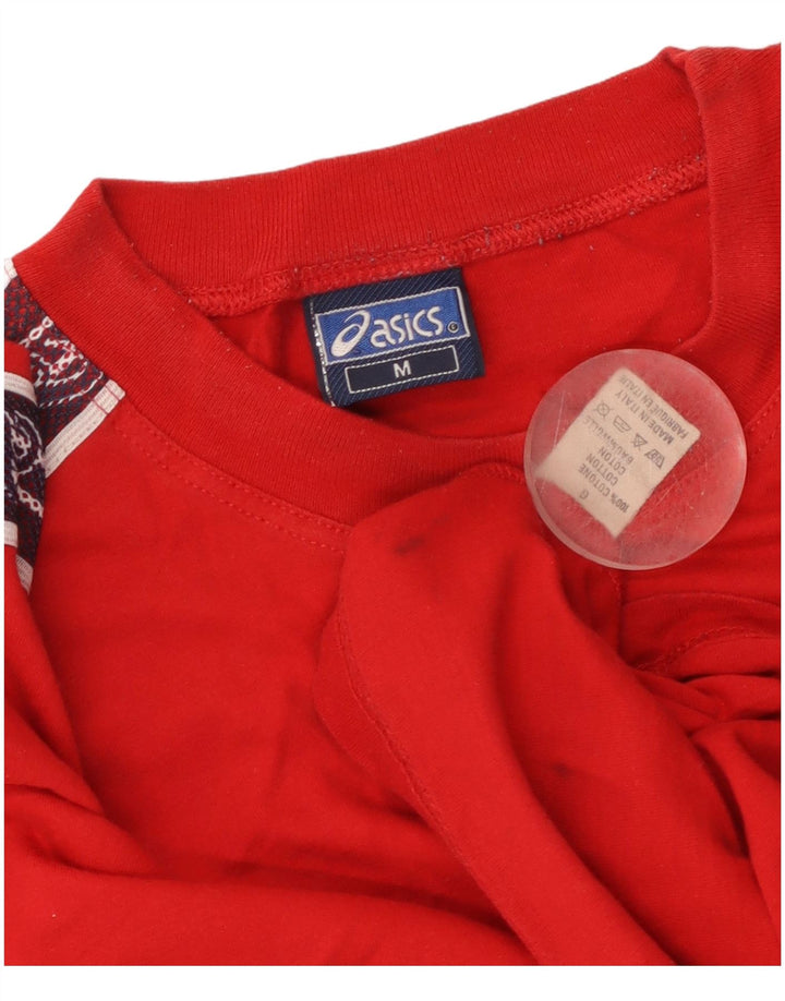 Мужская футболка с рисунком ASICS, хлопковый топ среднего красного цвета с цветными блоками