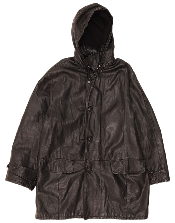 Винтажное мужское кожаное пальто с капюшоном IT 52 XL, черная кожа