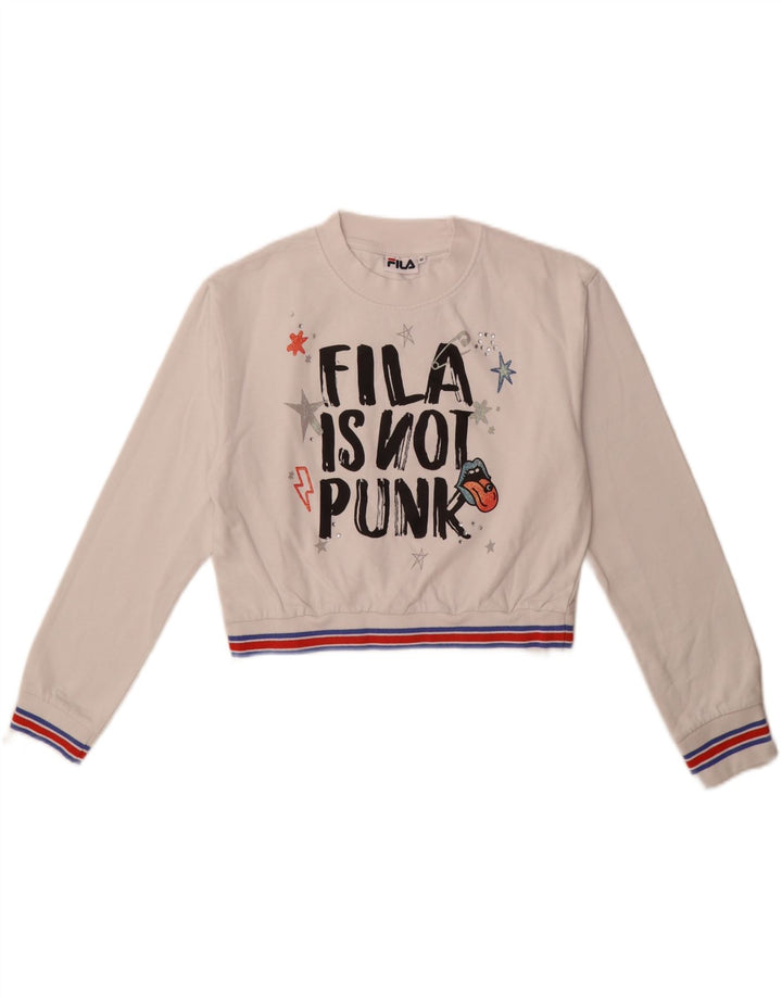 FILA Womens Crop Graphic Sweatshirt Jumper UK 14 Medium White Cotton