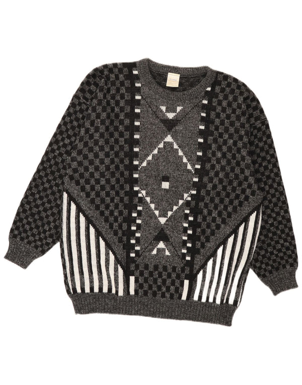 Vintage Mens Crew Neck Jumper Sweater XL Grey Geometric Acrylic