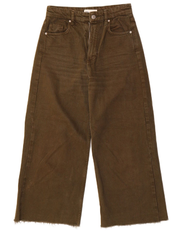 Женские укороченные широкие джинсы с высокой талией Zara US 00 2XS W22 L23, хлопок цвета хаки