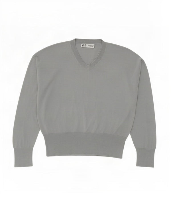 Zara Womens V-Neck Jumper Sweater UK 14 Medium Grey Cotton