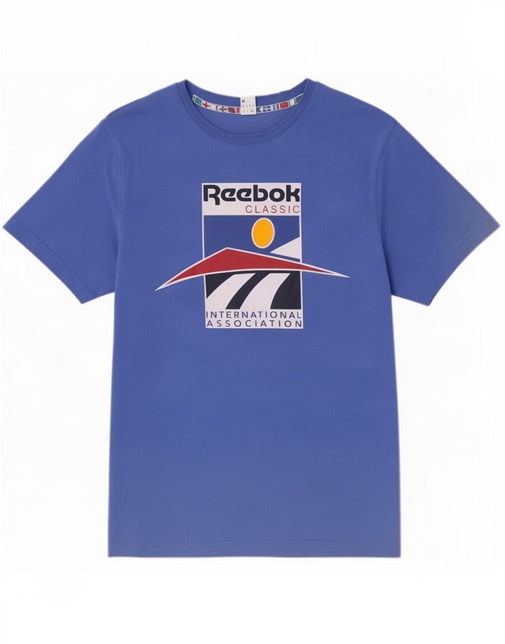 Мужская футболка с рисунком Reebok, хлопковый топ среднего синего цвета