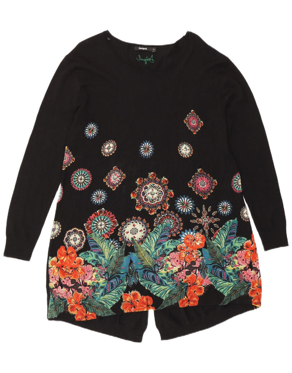 Женский удлиненный джемпер с вырезом «лодочка» Desigual UK 18 XL, черный с цветочным принтом