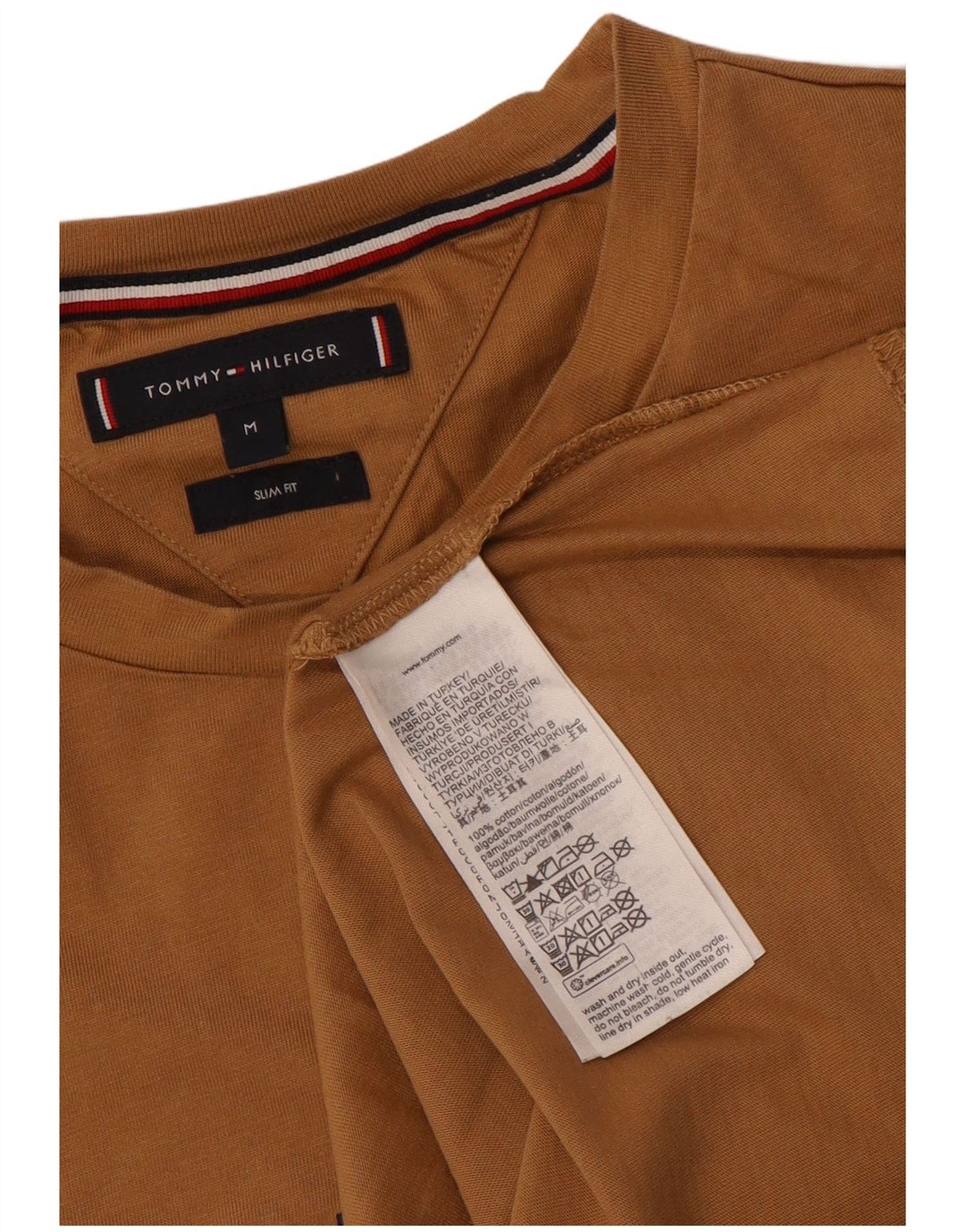 Tommy Hilfiger Мужская приталенная футболка с рисунком Топ среднего размера из хлопка коричневого цвета