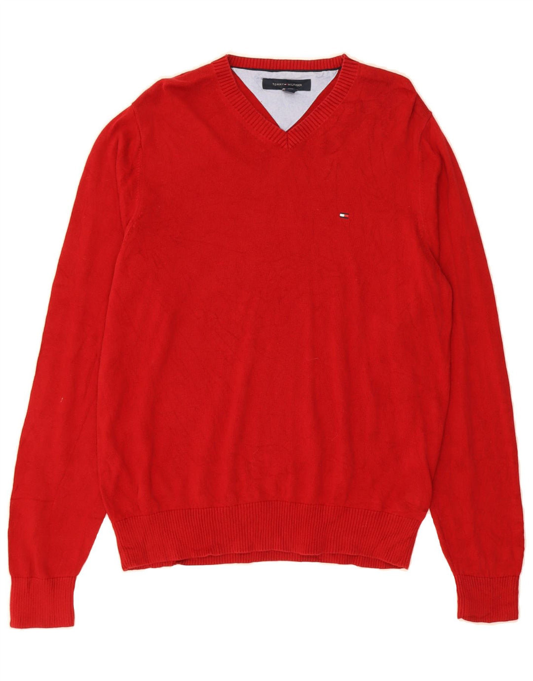 TOMMY HILFIGER Mens V-Neck Jumper Sweater Medium Red Cotton Vintage Tommy Hilfiger and Second-Hand Tommy Hilfiger from Messina Hembry 