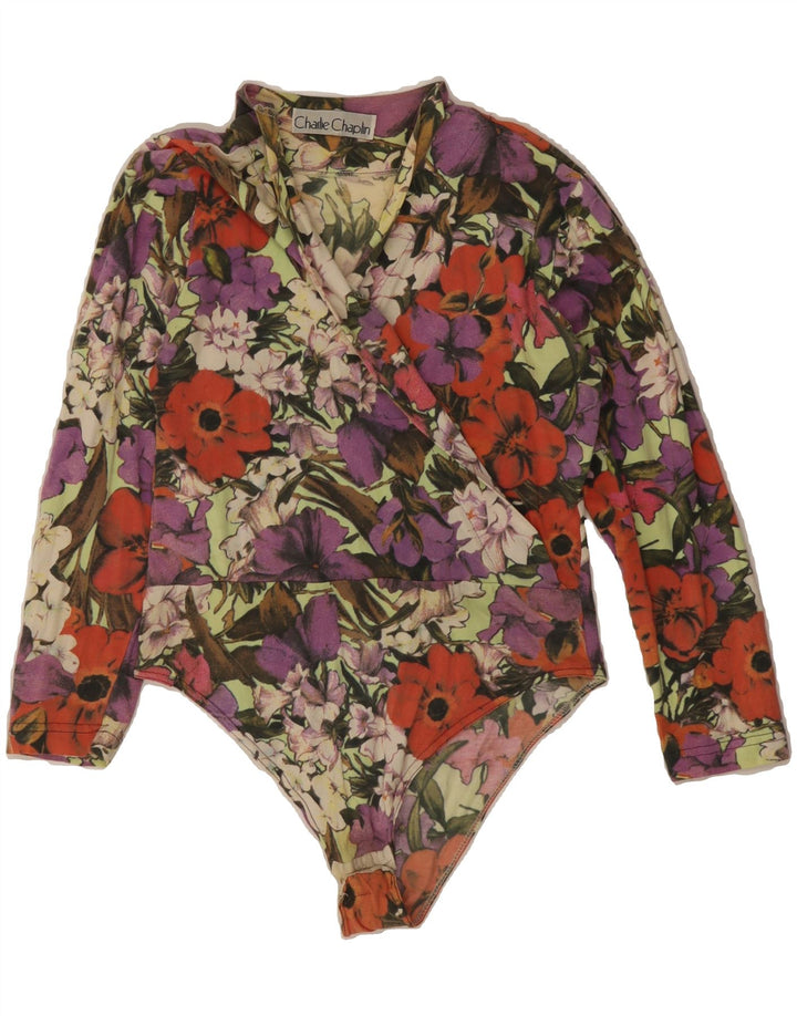 VINTAGE Womens 3/4 Sleeve Bodysuit UK 8 Small Multicoloured Floral Vintage Vintage and Second-Hand Vintage from Messina Hembry 