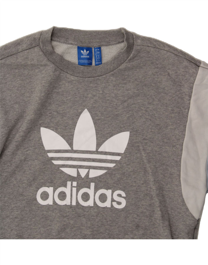 ADIDAS Womens Graphic Sweatshirt Jumper UK 12 Medium Grey Colourblock Vintage Adidas and Second-Hand Adidas from Messina Hembry 