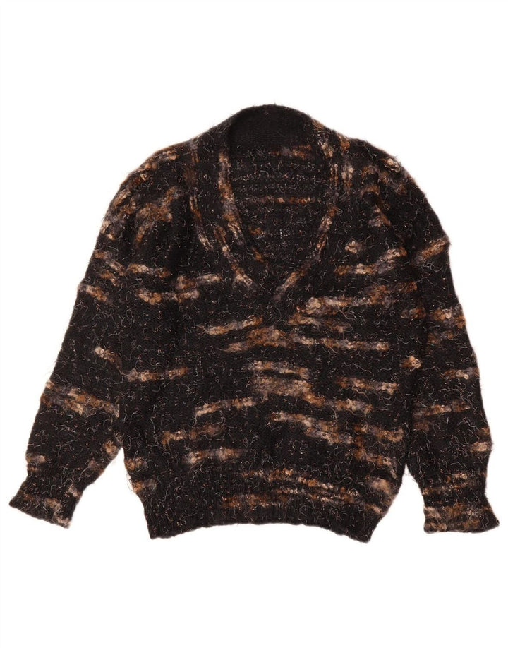 VINTAGE Womens V-Neck Jumper Sweater UK 14 Medium Black Flecked