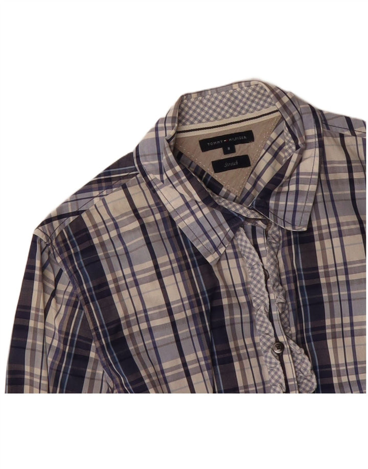 TOMMY HILFIGER Womens Ruffle Front Shirt US 8 Medium Blue Check Cotton