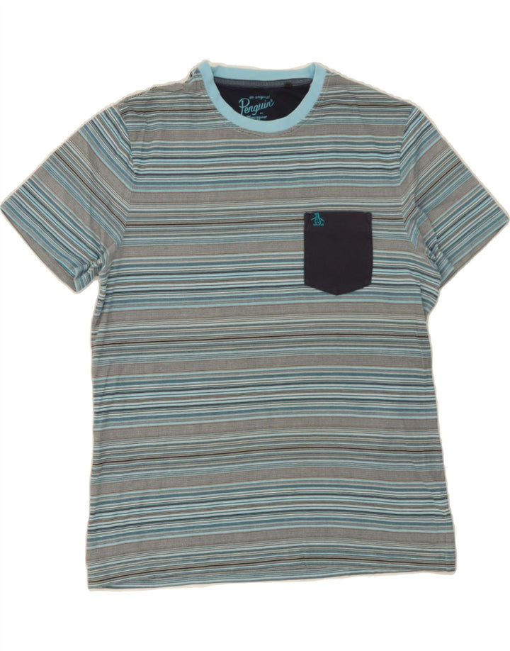 PENGUIN Mens T-Shirt Top Large Blue Striped Cotton Vintage Penguin and Second-Hand Penguin from Messina Hembry 