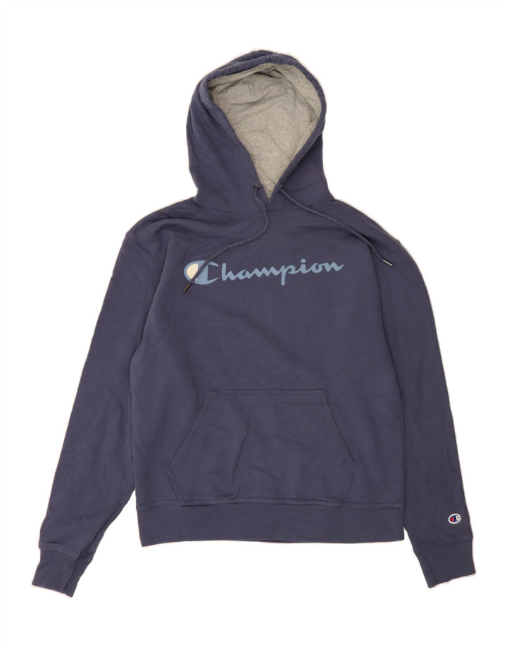 CHAMPION Mens Graphic Hoodie Jumper Medium Navy Blue Cotton Vintage Champion and Second-Hand Champion from Messina Hembry 