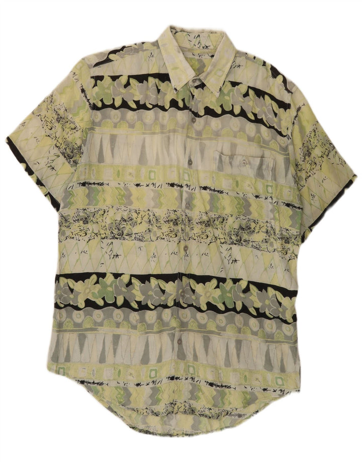 Винтажная мужская рубашка с коротким рукавом среднего зеленого цвета с геометрическим рисунком