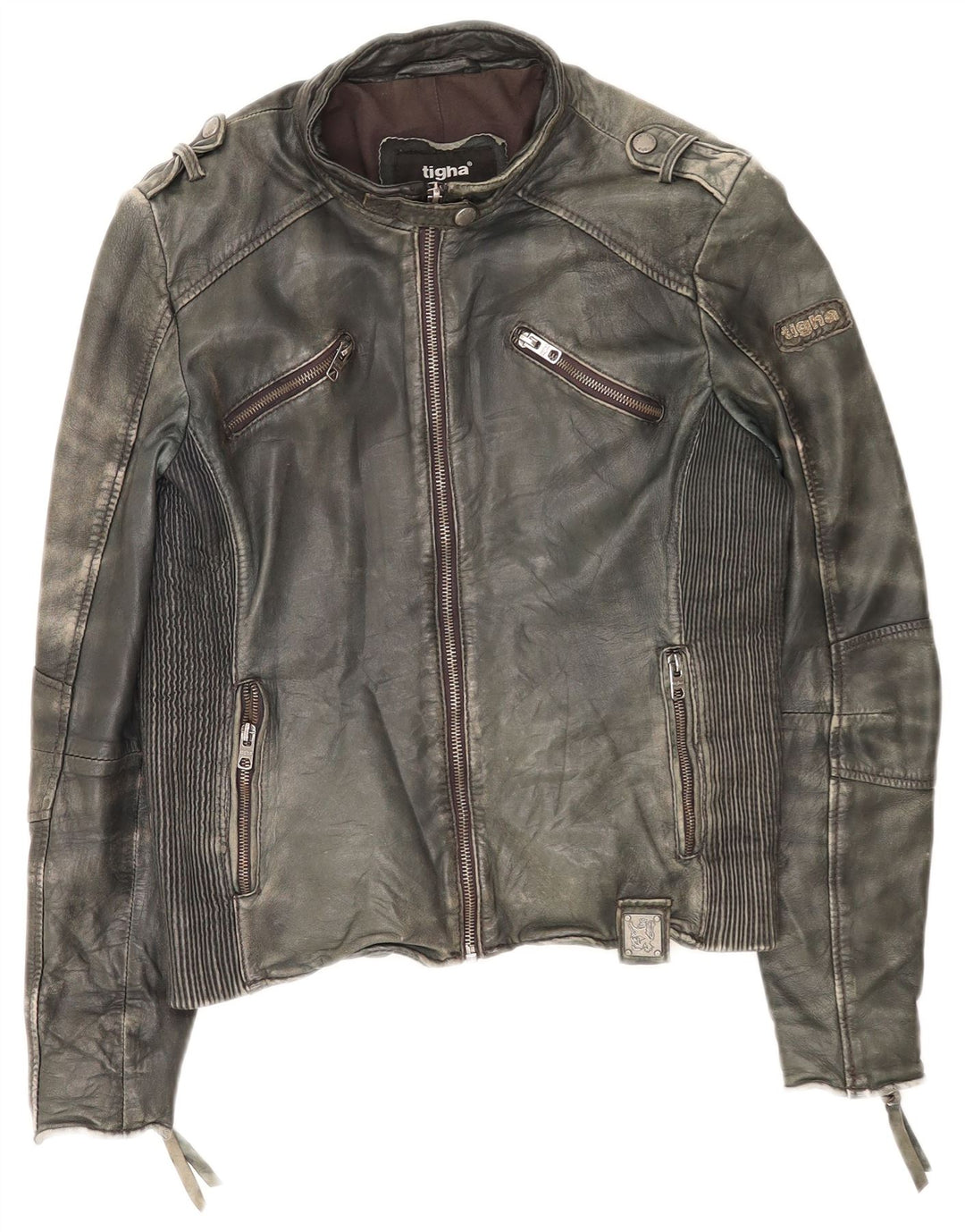 Женская кожаная куртка-гонщик Tigha UK 16, цвет хаки, большой размер