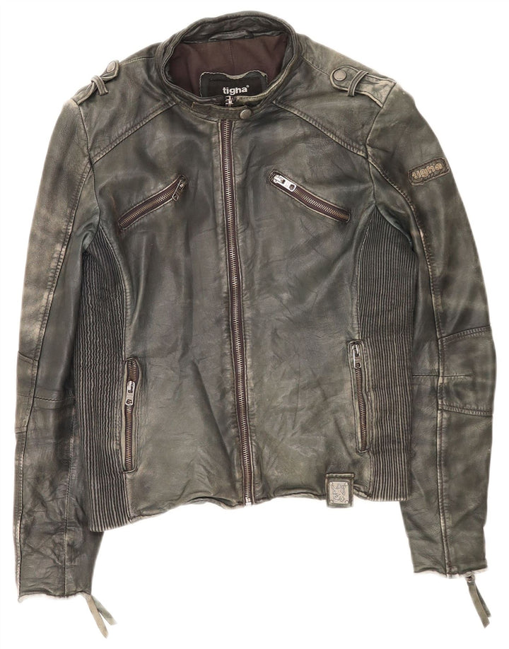 Женская кожаная куртка-гонщик Tigha UK 16, цвет хаки, большой размер