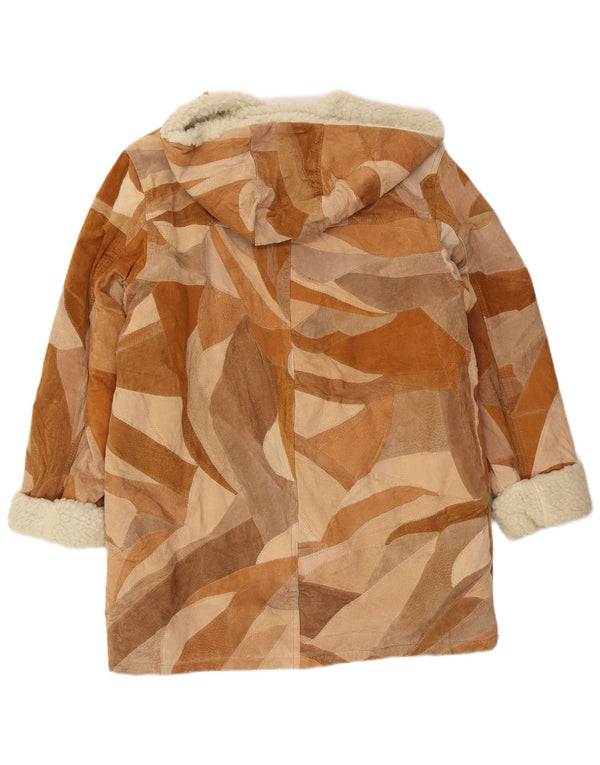 Винтажное женское пальто из шерпы с капюшоном, Великобритания, 18 XL, коричневое кожаное в стиле пэчворк