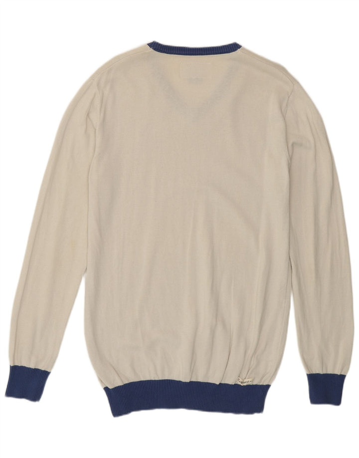 ZU ELEMENTS Mens V-Neck Jumper Sweater Large White Colourblock Cotton