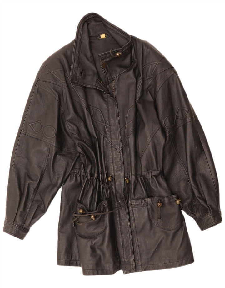 ВИНТАЖНОЕ женское кожаное пальто UK 10 маленькое черное кожаное