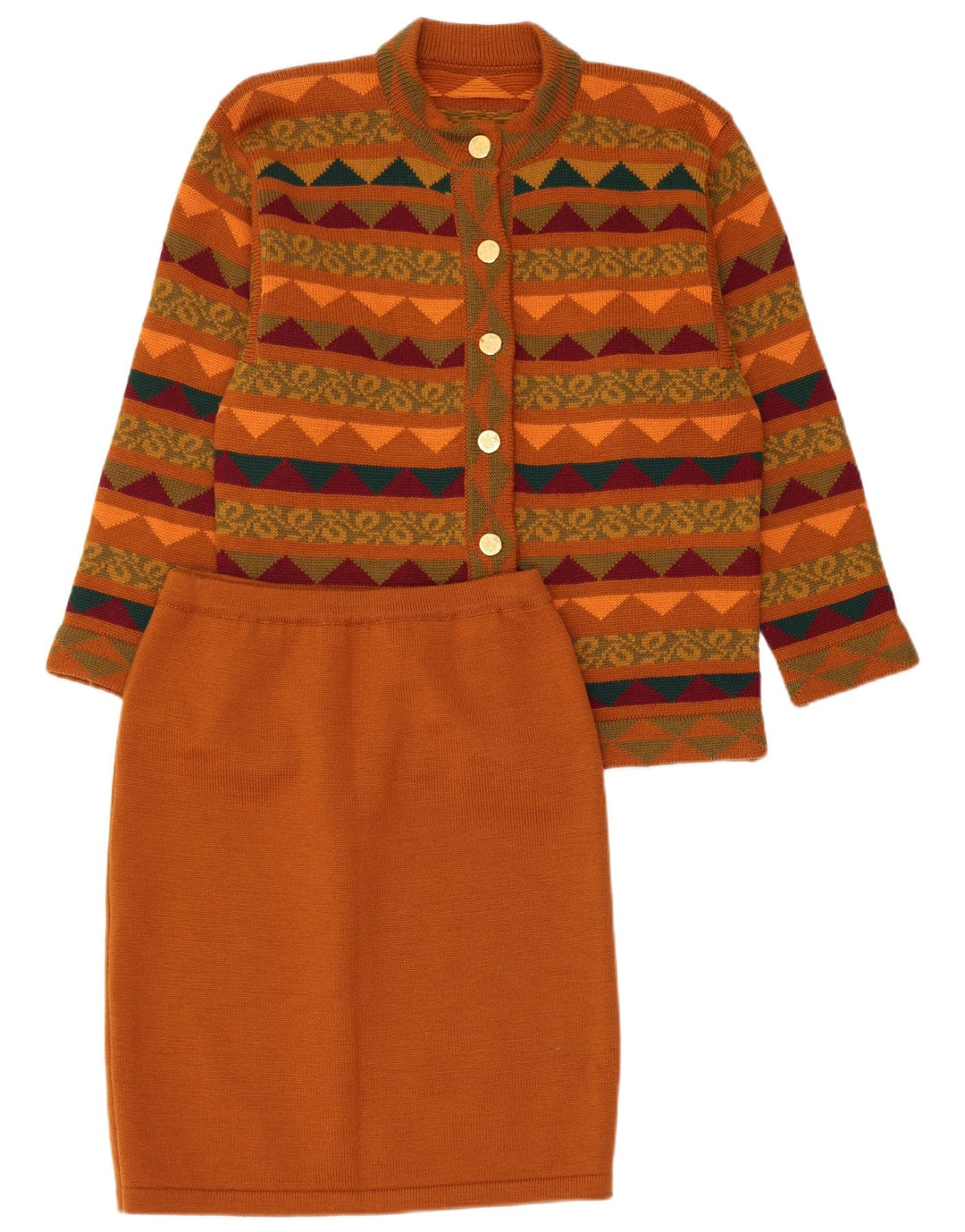 ВИНТАЖНЫЙ женский вязаный комплект из 2 юбок UK 14 Medium W28 Коричневый с геометрическим рисунком