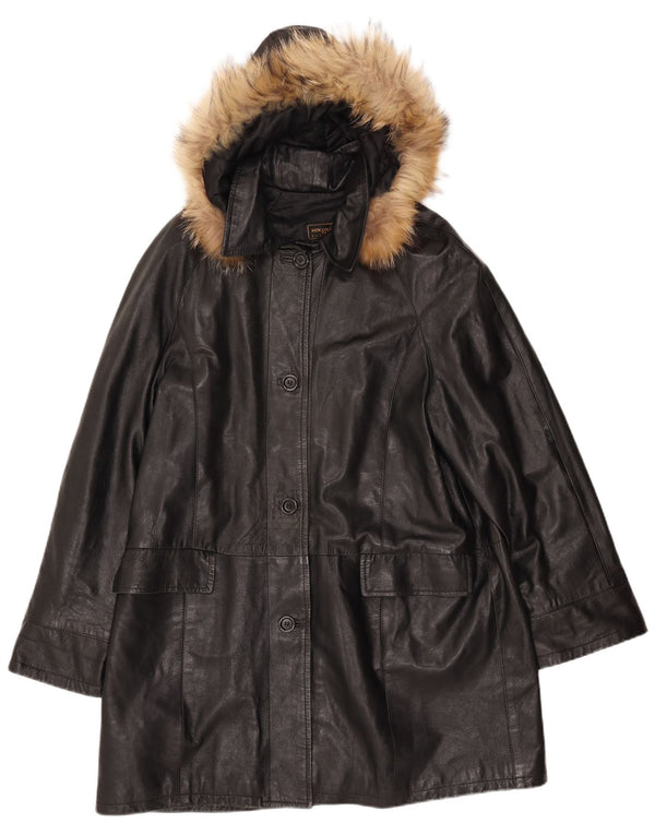ВИНТАЖНОЕ женское кожаное пальто с капюшоном IT 52 2XL, черное кожаное