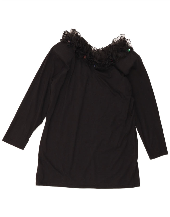 Винтажная женская туника с рюшами спереди и длинными рукавами, Великобритания, 16, большой черный хлопок