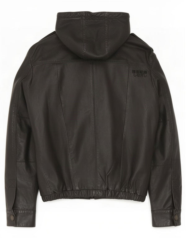 Мужская кожаная куртка с капюшоном Superdry в стиле милитари UK 38, средний черный