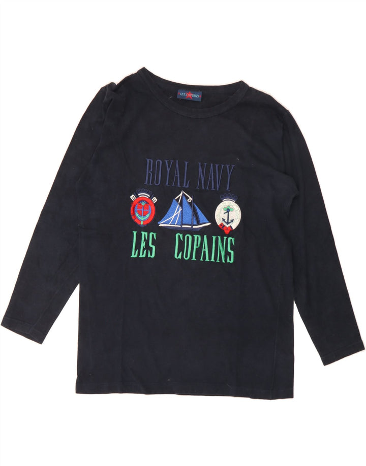 LES COPAINS Womens Graphic Top Long Sleeve UK 14 Medium Navy Blue Cotton Vintage Les Copains and Second-Hand Les Copains from Messina Hembry 