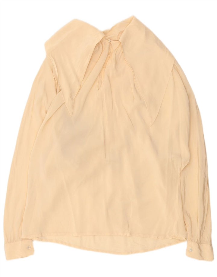 Винтажная женская блузка с длинным рукавом, топ, Великобритания, 14, большой, бежевый, шелковый с геометрическим рисунком