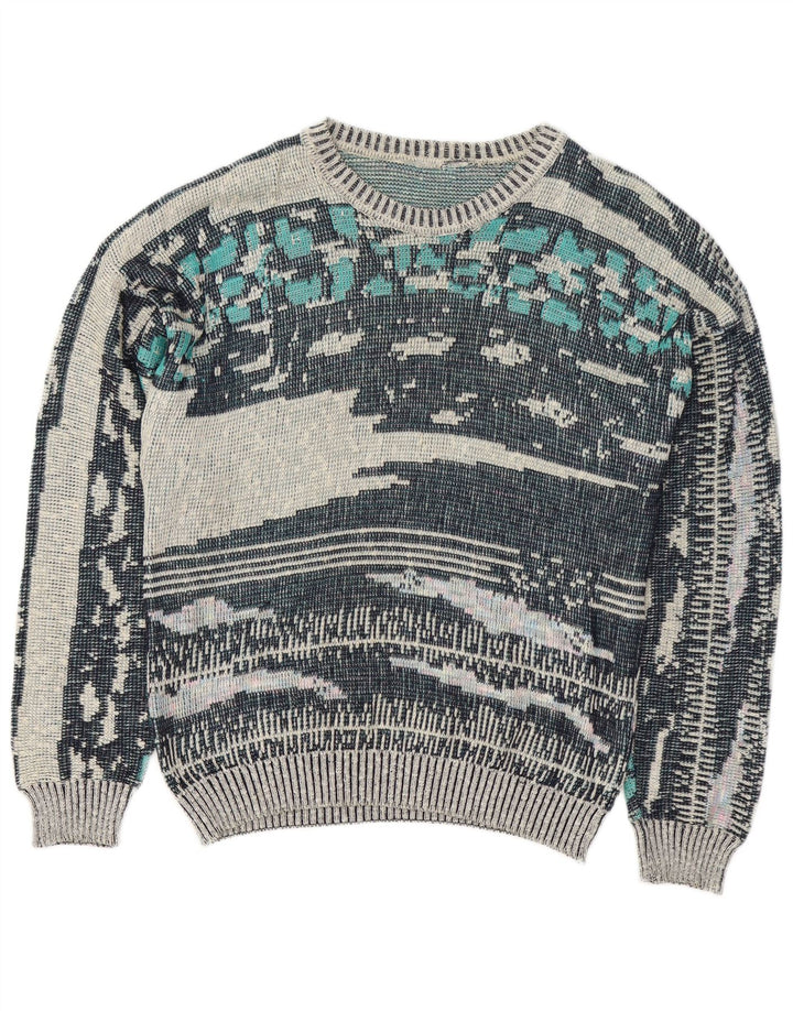 Винтажный мужской свитер с круглым вырезом и абстрактным узором, средний синий цвет