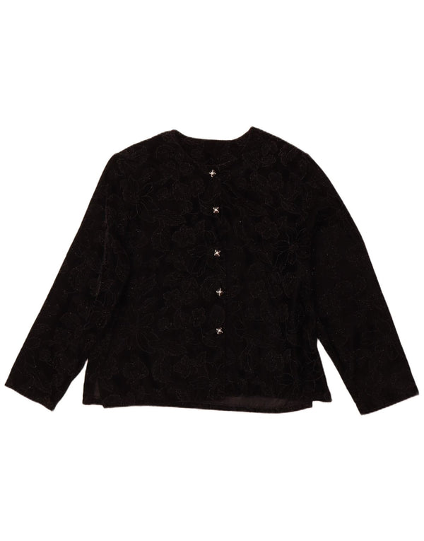 ВИНТАЖНАЯ женская блузка с длинными рукавами, Великобритания 16, большой черный цветочный принт