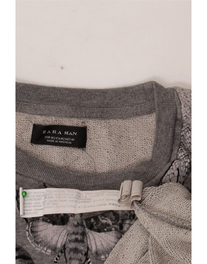 Мужской свитшот с рисунком Zara, хлопковый джемпер среднего серого цвета с цветочным принтом