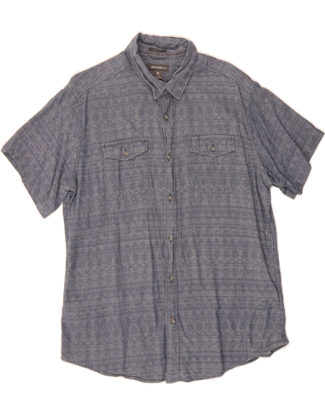 EDDIE BAUER Mens Classic Fit Short Sleeve Shirt Large Blue Fair Isle Vintage Eddie Bauer and Second-Hand Eddie Bauer from Messina Hembry 