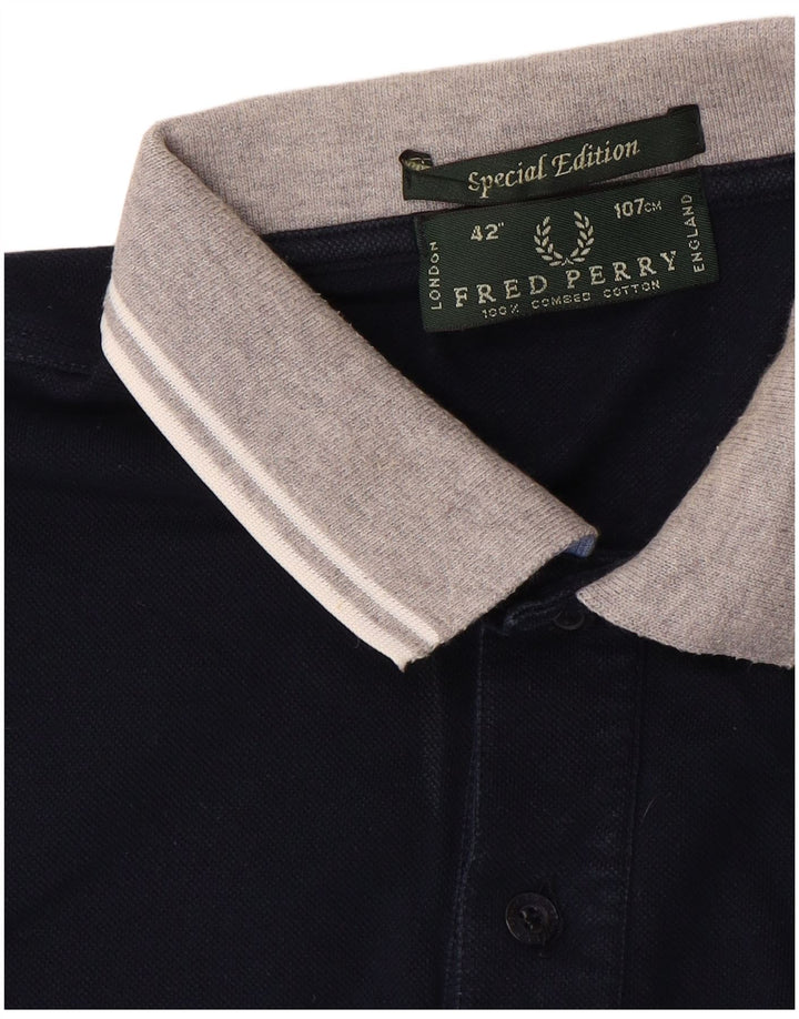 Мужская рубашка-поло Fred Perry среднего размера, темно-синяя, хлопковая с цветными блоками