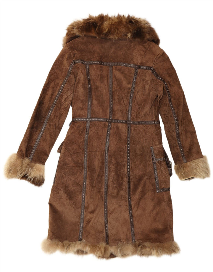 Rene Derhy Женское Замшевое Меховое Пальто UK 14 Средне-Коричневый Кожаный