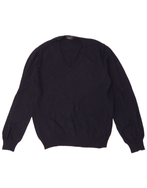 Zara Mens V-Neck Jumper Sweater Medium Navy Blue