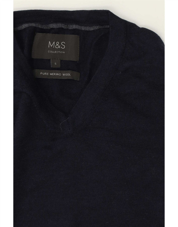 Мужской джемпер с v-образным вырезом Marks & Spencer, маленький темно-синий из шерсти мериноса